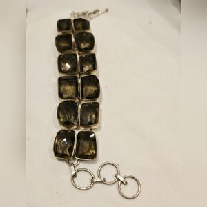 Artisan Made Smoky Quartz Color Faceted Glass Sterling 925 Bracelet Sz 7